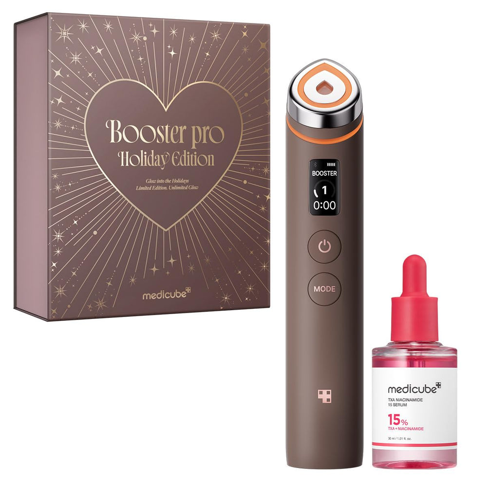 Medicube Booster Pro holiday edition package showing a complete gift-set for radiant skin