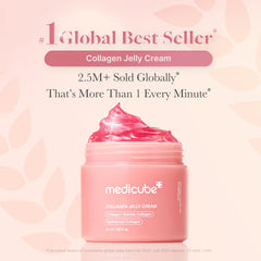 Medicube Collagen Jelly Cream texture swirl highlights jelly-cream consistency for smooth, hydrated skin.