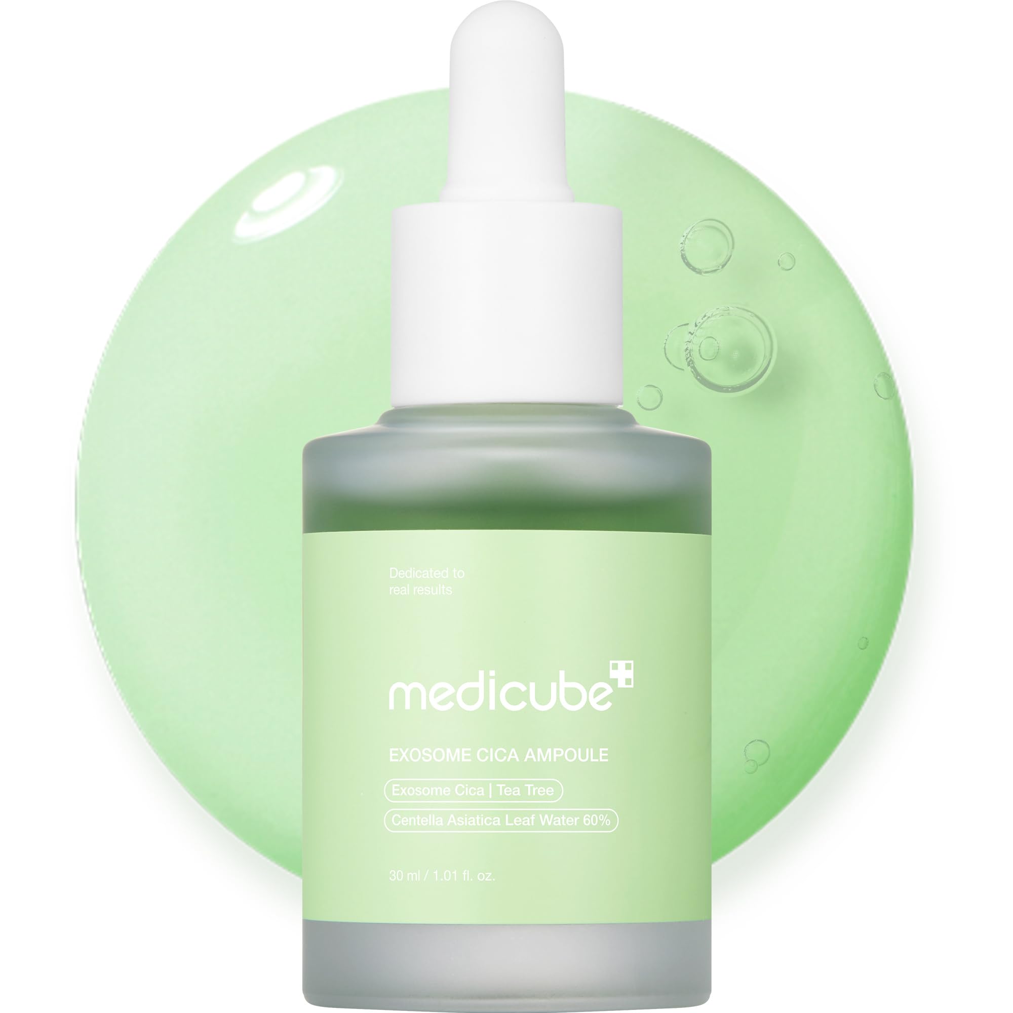 Medicube Exosome Cica Tea Tree Ampoule bottle showing calming hydration for sensitive skin.