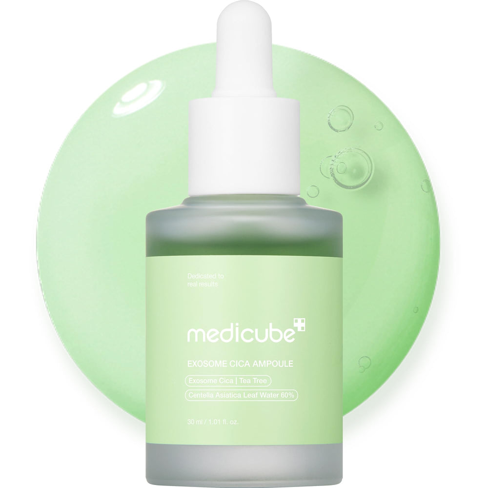 Medicube Exosome Cica Tea Tree Ampoule bottle showing calming hydration for sensitive skin.