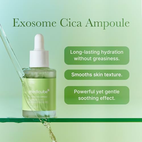 Medicube Exosome Cica Tea Tree Ampoule packaging highlighting gentle skincare benefits.