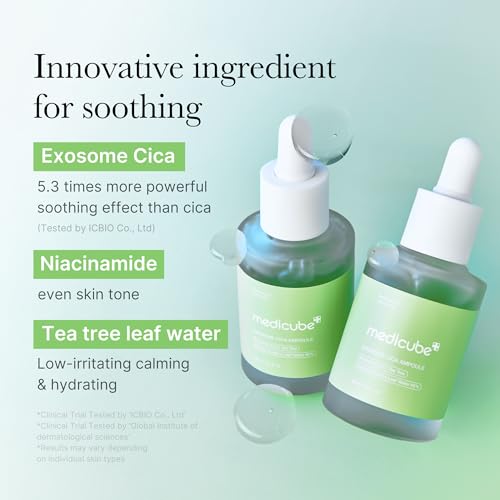 Medicube Exosome Cica Tea Tree Ampoule texture shot emphasizing fast-absorbing finish.