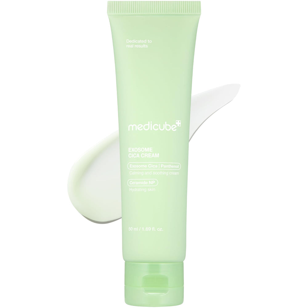 Medicube Exosome Cica Tea Tree Cream bottle closeup showing gentle soothing for sensitive skin.