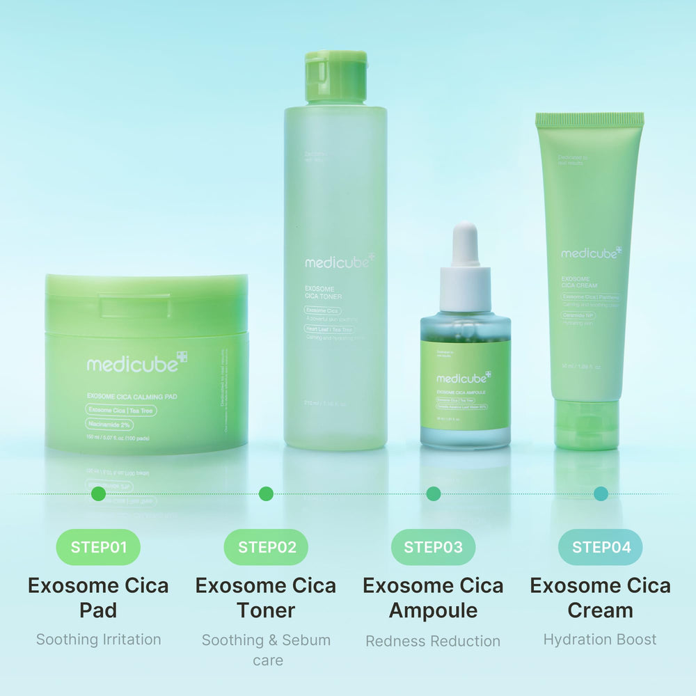 Medicube Exosome Cica Tea Tree Cream jar arrangement conveys hydration.