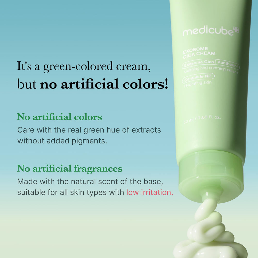 Medicube Exosome Cica Tea Tree Cream with tea tree plant hints soothing relief.