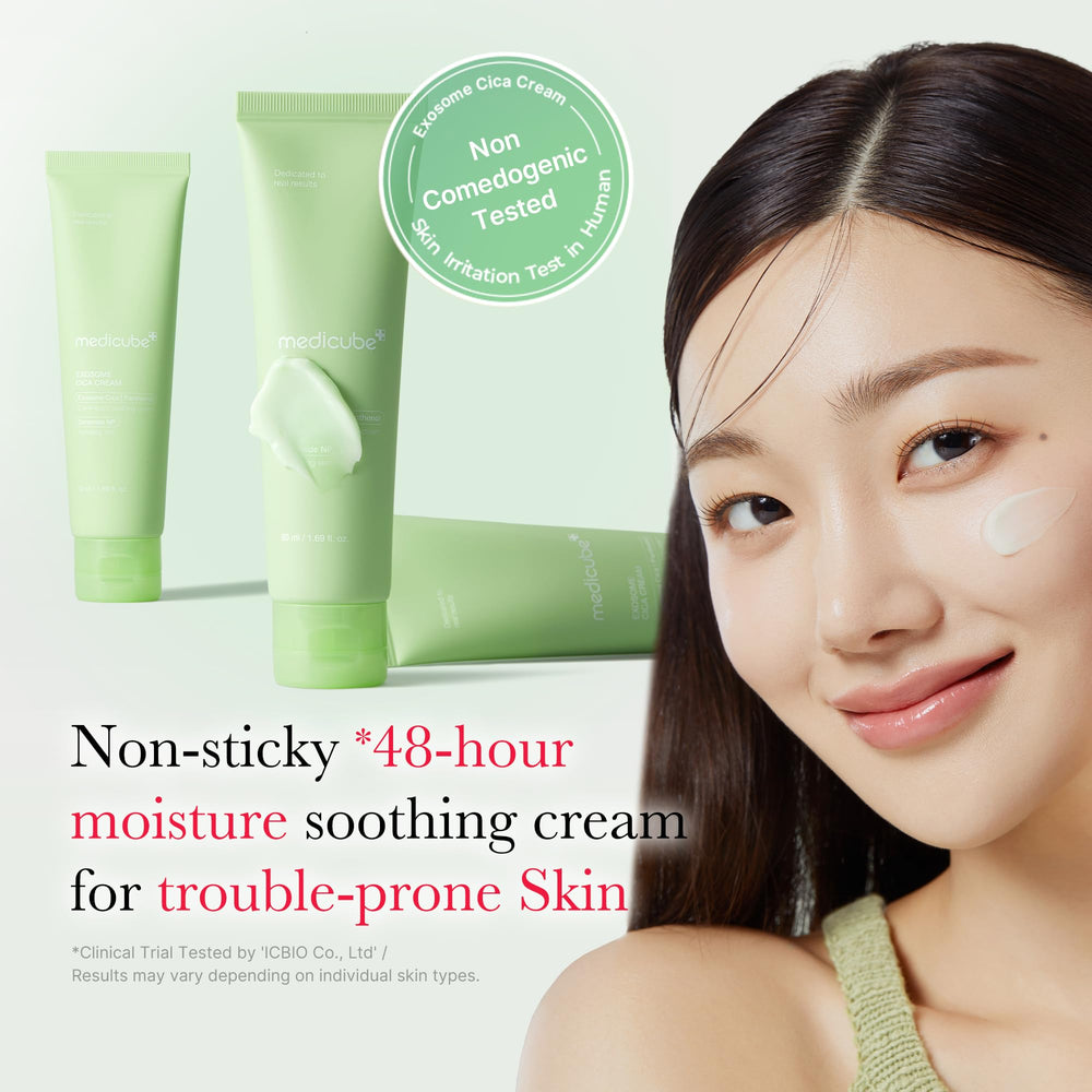 Medicube Exosome Cica Tea Tree Cream texture swirl signals lightweight hydration for daily use.