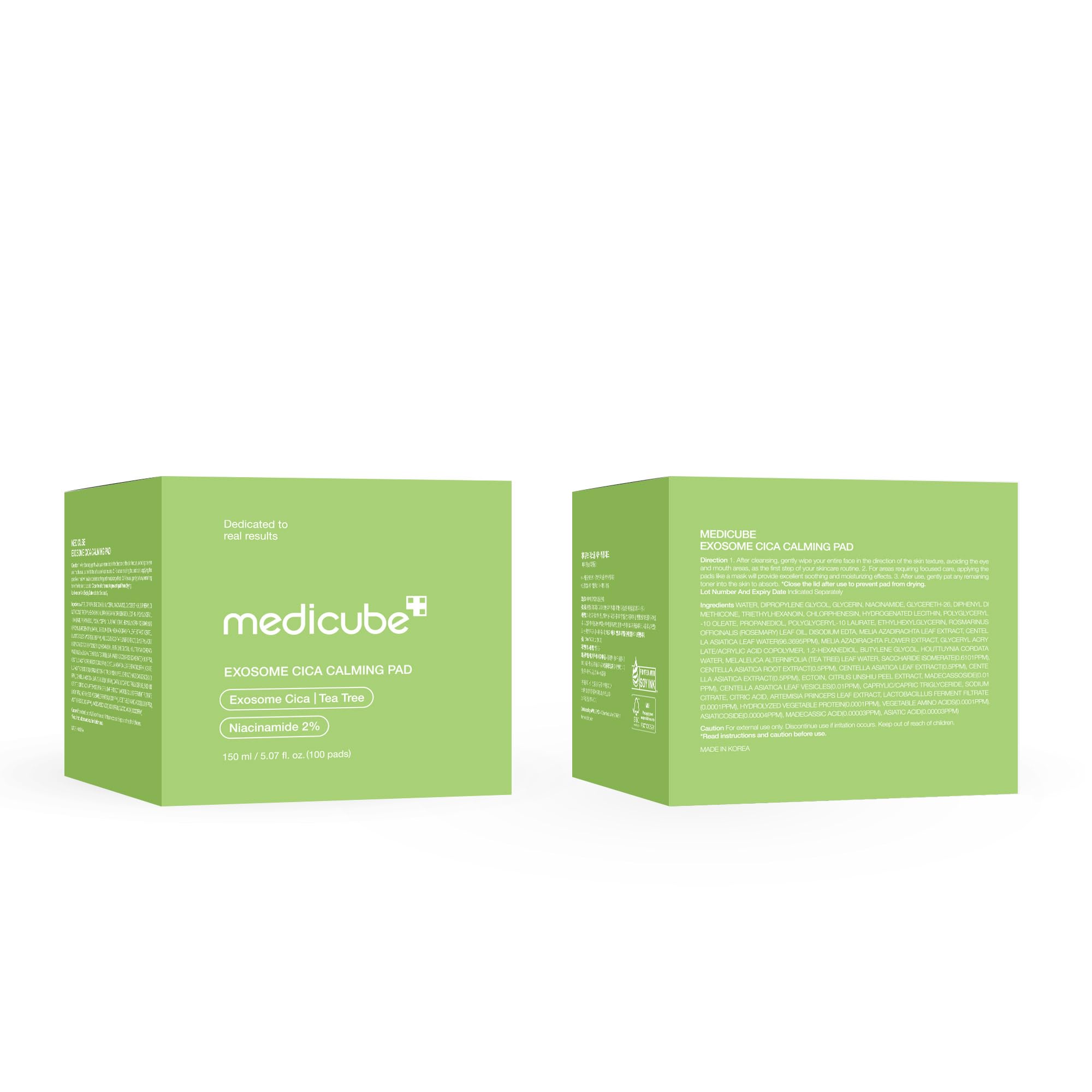 Medicube Exosome CICA Tea Tree Toner Pad in-use shows soothing, balanced skin routine.