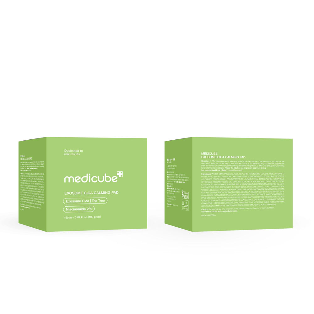 Medicube Exosome CICA Tea Tree Toner Pad in-use shows soothing, balanced skin routine.