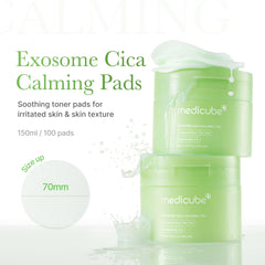 Medicube Exosome CICA Tea Tree Toner Pad packshot emphasizes a 100-pad daily calming routine.