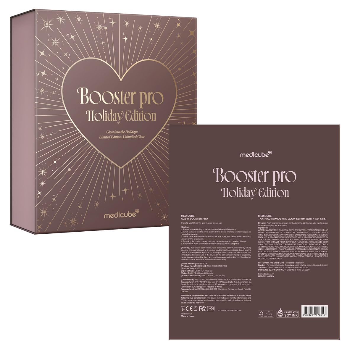 Medicube gift-ready set arranged on a warm wood background expressing a thoughtful holiday treat