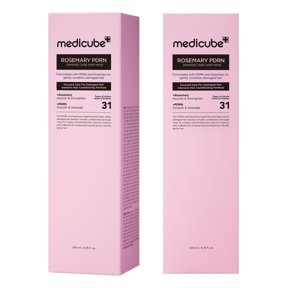 medicube hair mask on bathroom shelf styled in a skincare routine setting