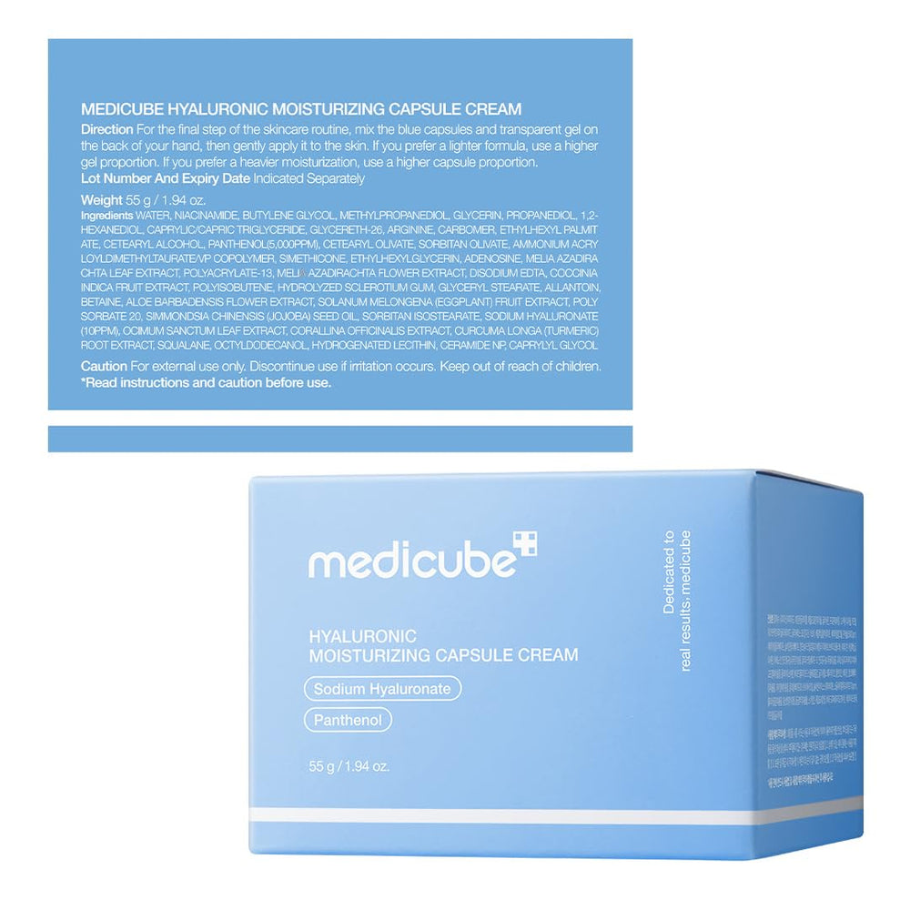 Medicube Hyaluronic Acid Capsule Cream packaging design emphasizing Korean skincare heritage