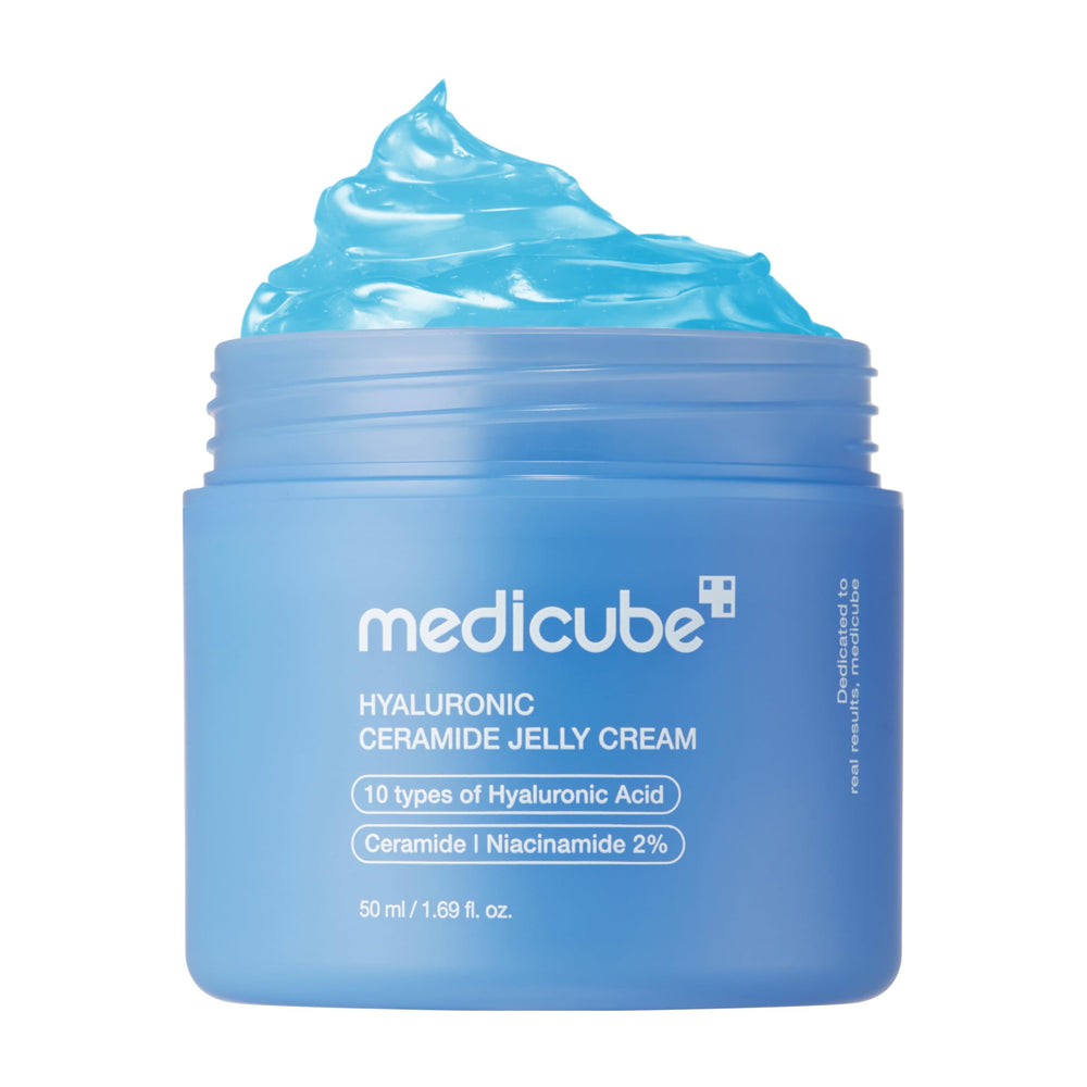 Medicube Hyaluronic Acid Moisturizing Jelly Cream jar close-up highlights rich hydration