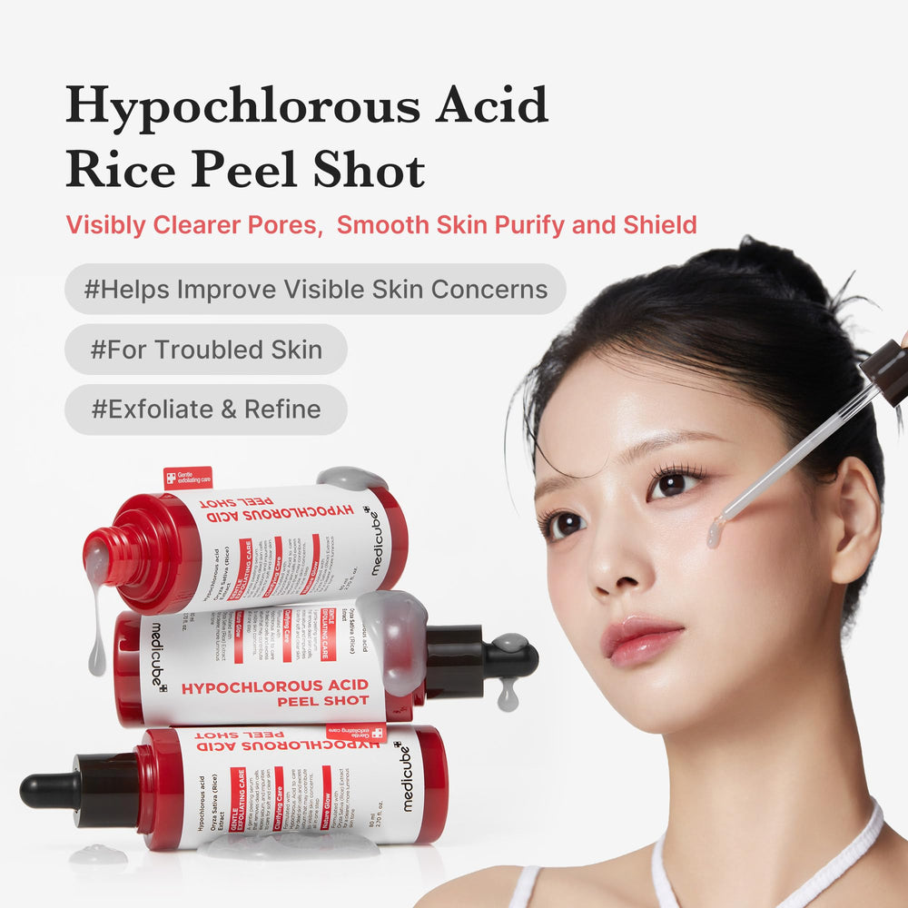medicube hypochlorous acid rice peel shot application demonstrates calming exfoliation for smoother texture