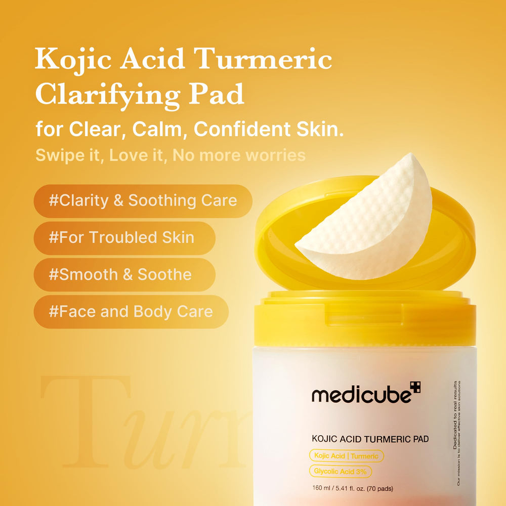 Medicube Kojic Acid Turmeric Toner Pad close-up texture showing saturated pad for even tone.
