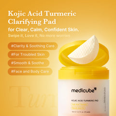 Medicube Kojic Acid Turmeric Toner Pad close-up texture showing saturated pad for even tone.