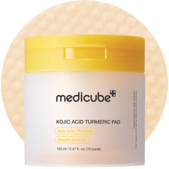 Medicube Kojic Acid Turmeric Toner Pad packaging with 70 pads for troubled skin.