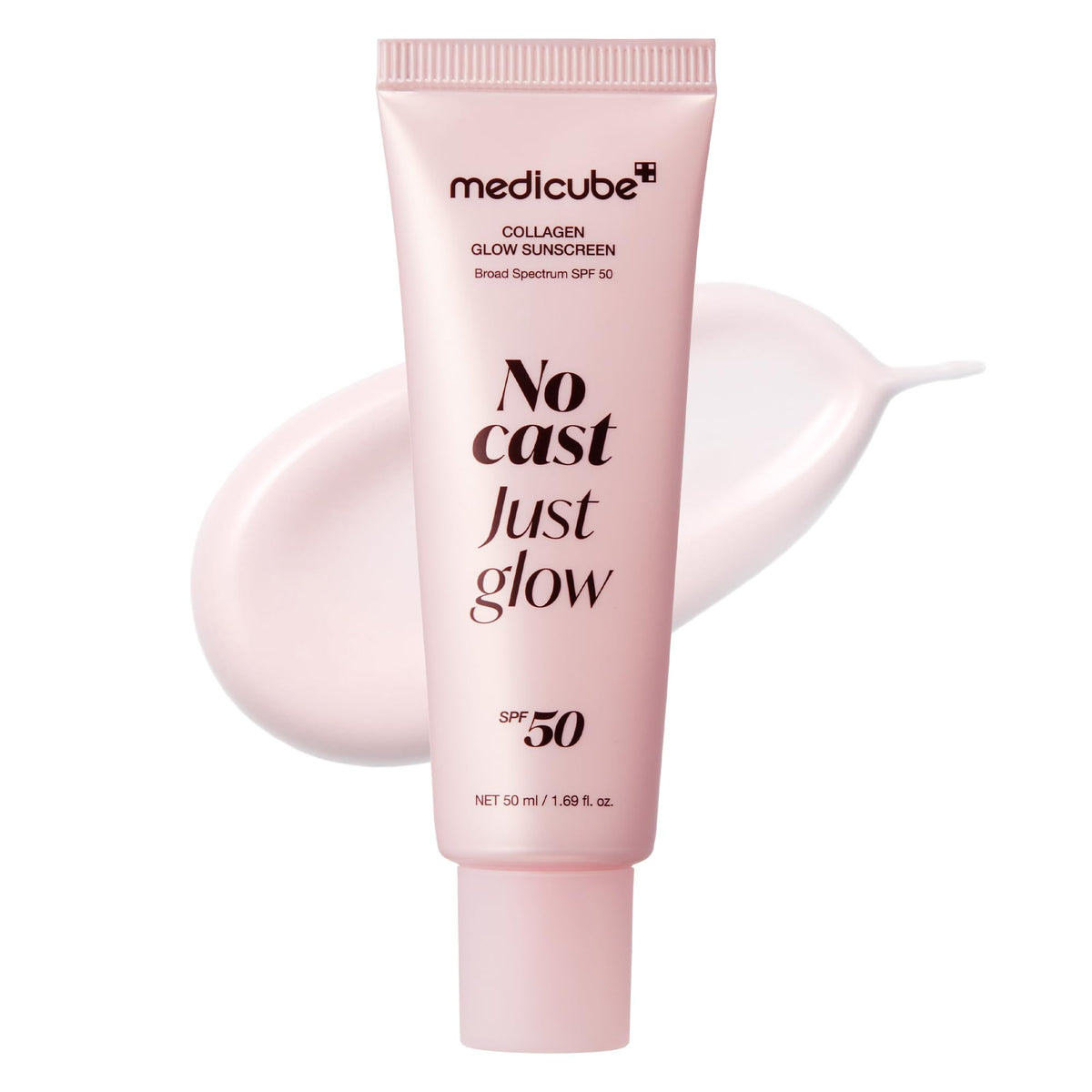 medicube No Cast Just Glow bottle closeup shows hydrating SPF 50 protection for everyday use