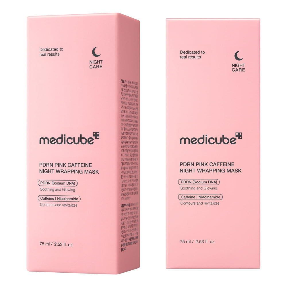 medicube PDRN Caffeine Overnight Wrap Mask close-up of jar emphasizes premium formula.