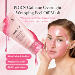 medicube PDRN Caffeine Overnight Wrap Mask drying film on face forms a skin hug.