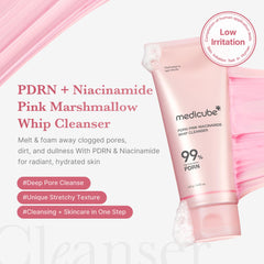 Medicube PDRN foam cleanser closeup highlights rich lather for deep pore cleansing.