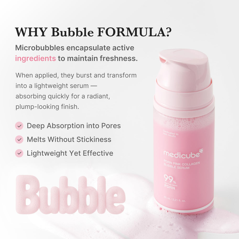 Medicube PDRN Pink Collagen Bubble Serum hydration scene emphasizes moisture and barrier care.