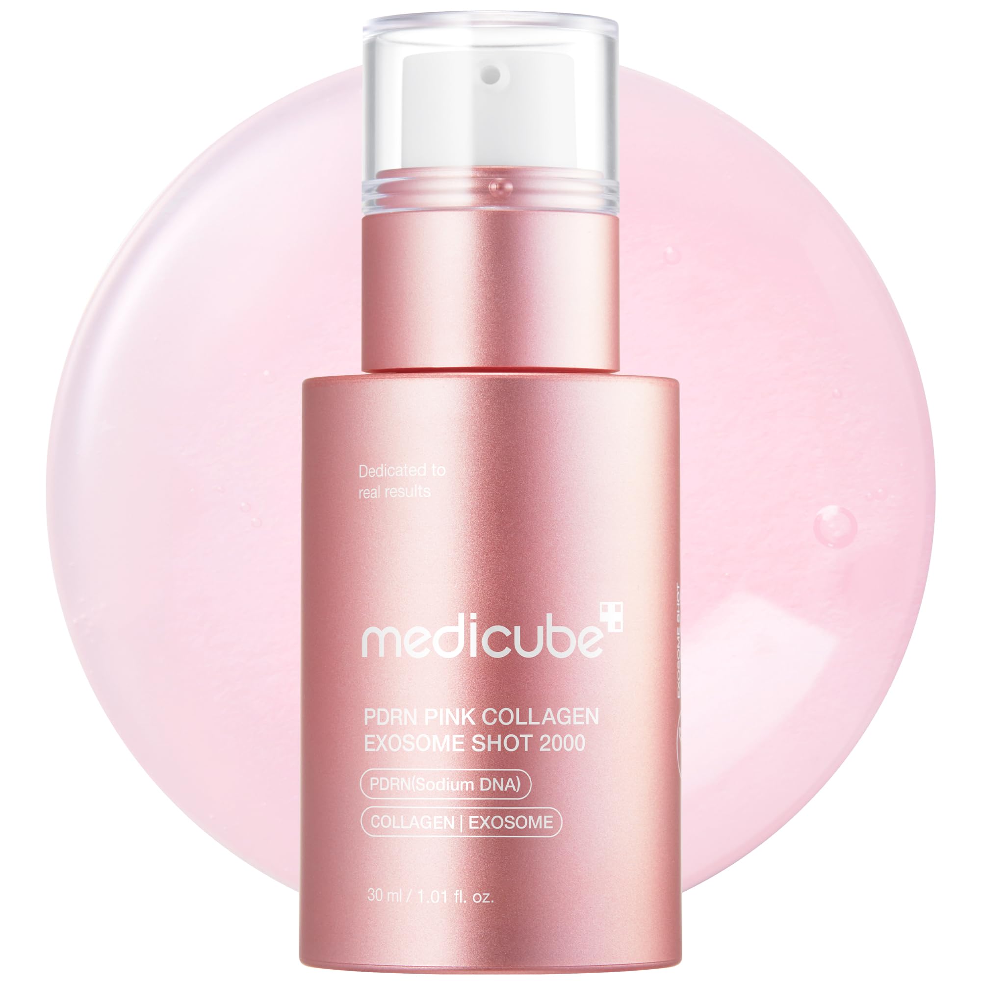 medicube PDRN Pink Collagen Exosome Shot Serum bottle on a clean surface for radiant skin.