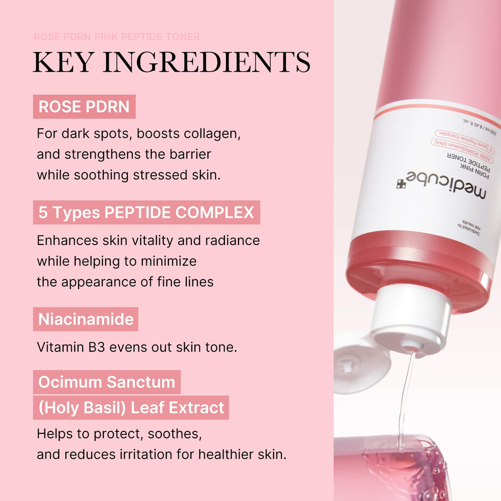 Medicube PDRN Pink Peptide Toner with peptide complex for elasticity.