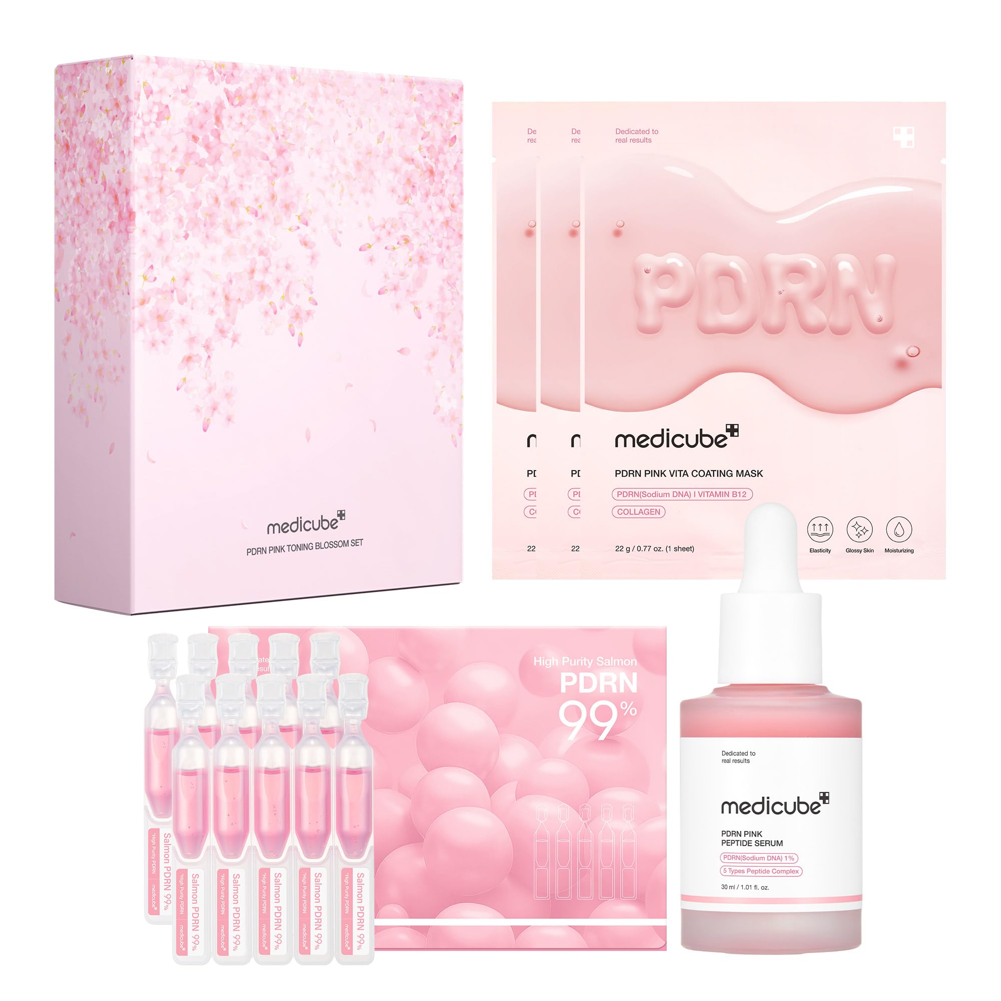 Medicube Pink PDRN Trio Gift Box showing full glow kit for hydration and radiance