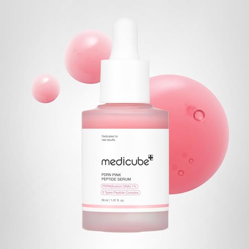 Medicube pink peptide serum daily-use image focused on luminous skin.