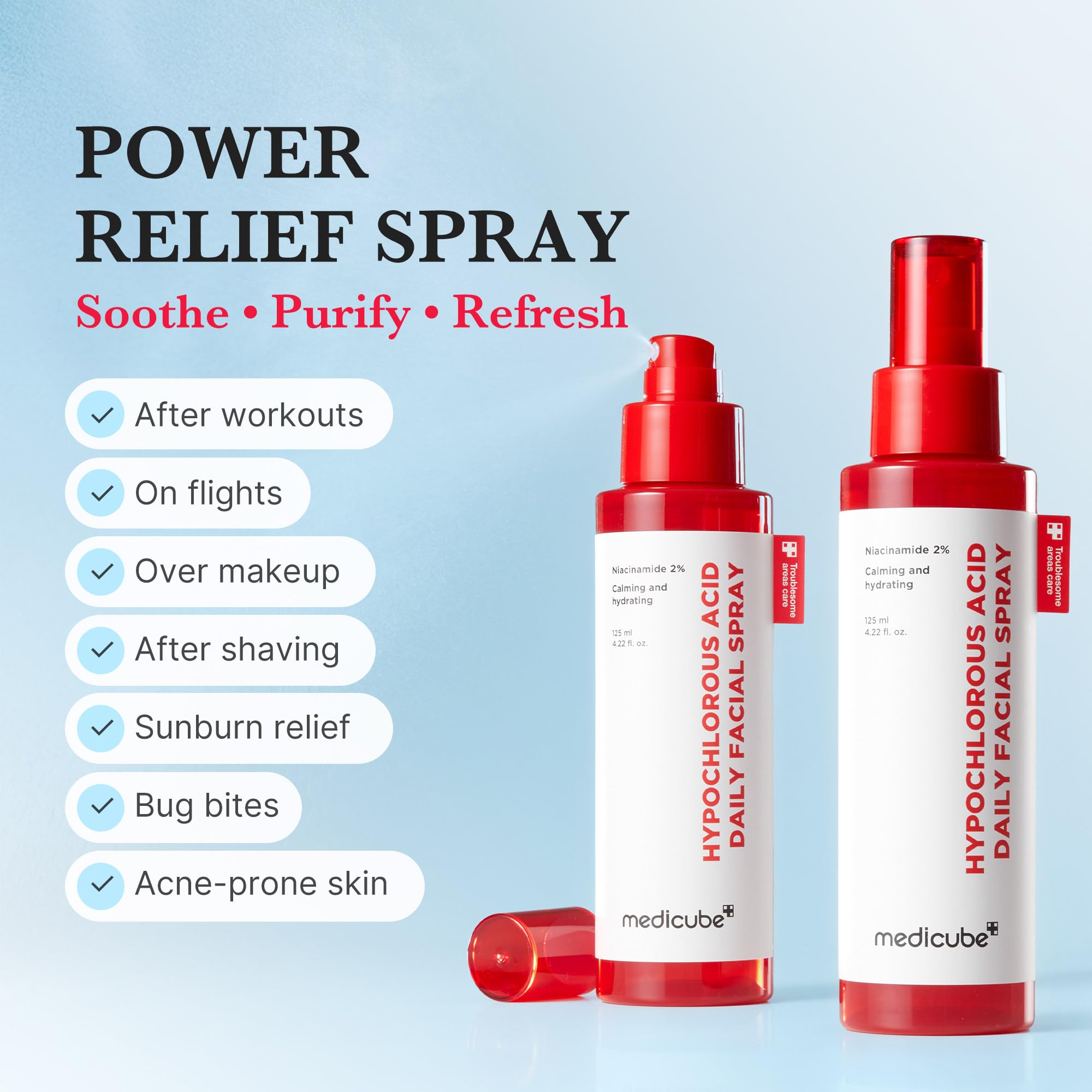 Medicube Power Soothing Spray HOCl close-up highlights soothing, purifying benefits.