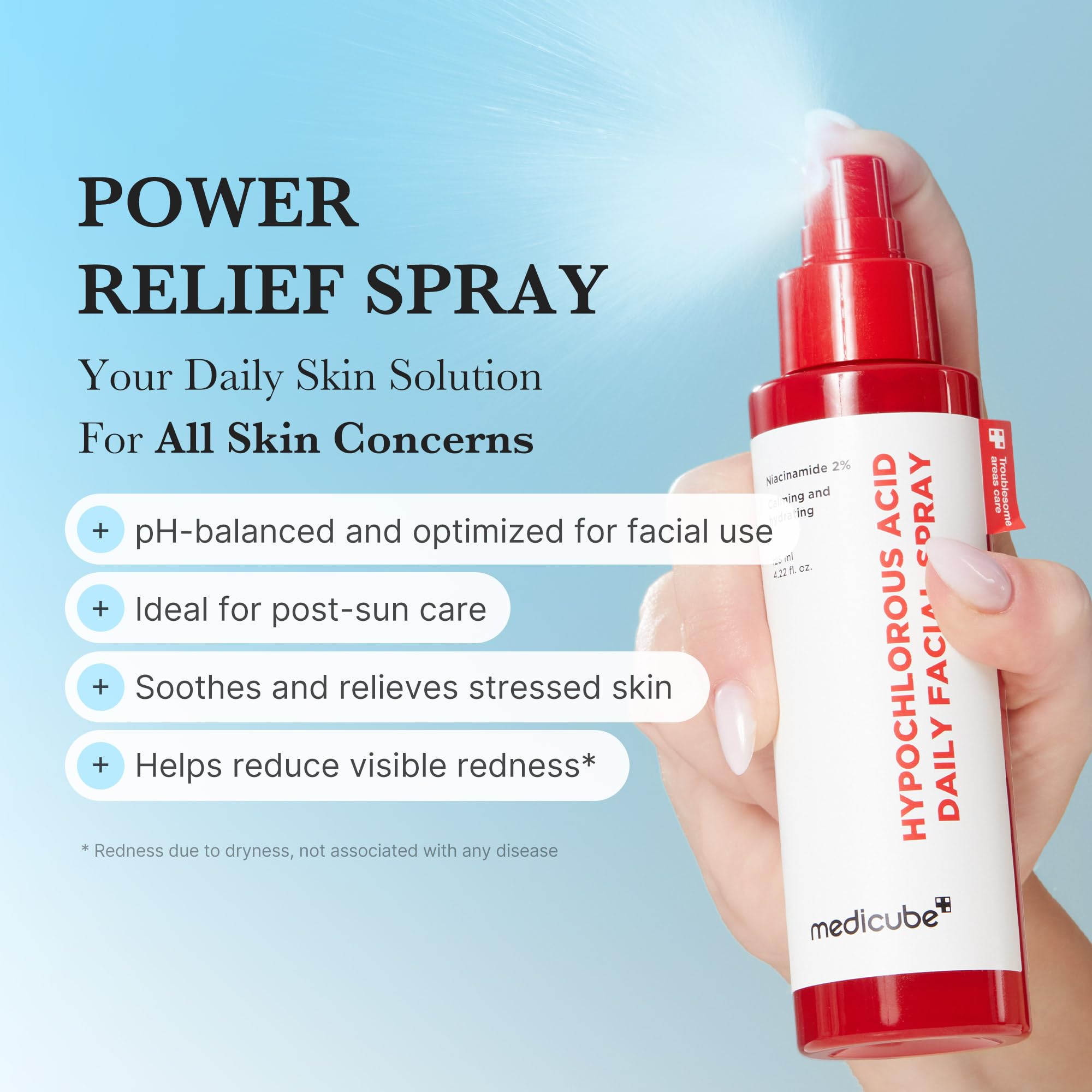 Medicube Power Soothing Spray mist application provides even, soothing hydration.
