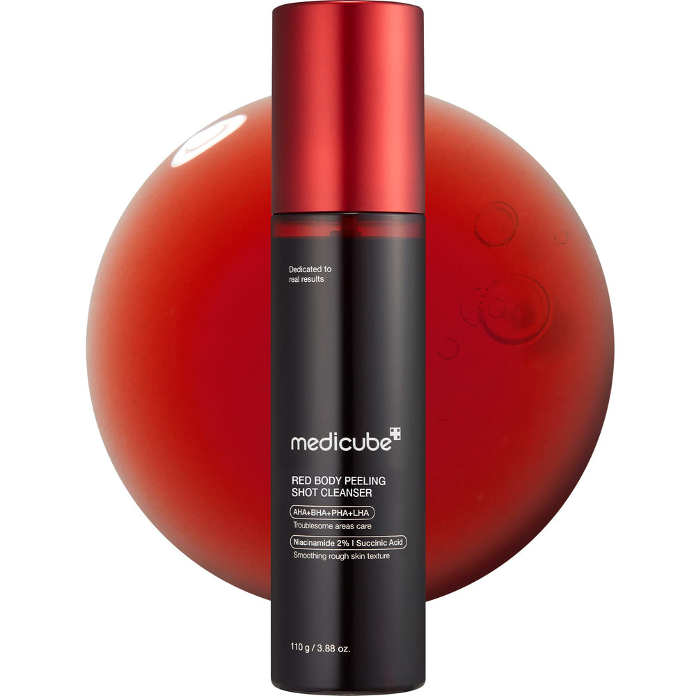 medicube Red Body Peeling Shot bottle front view showing easy exfoliation for smoother skin.