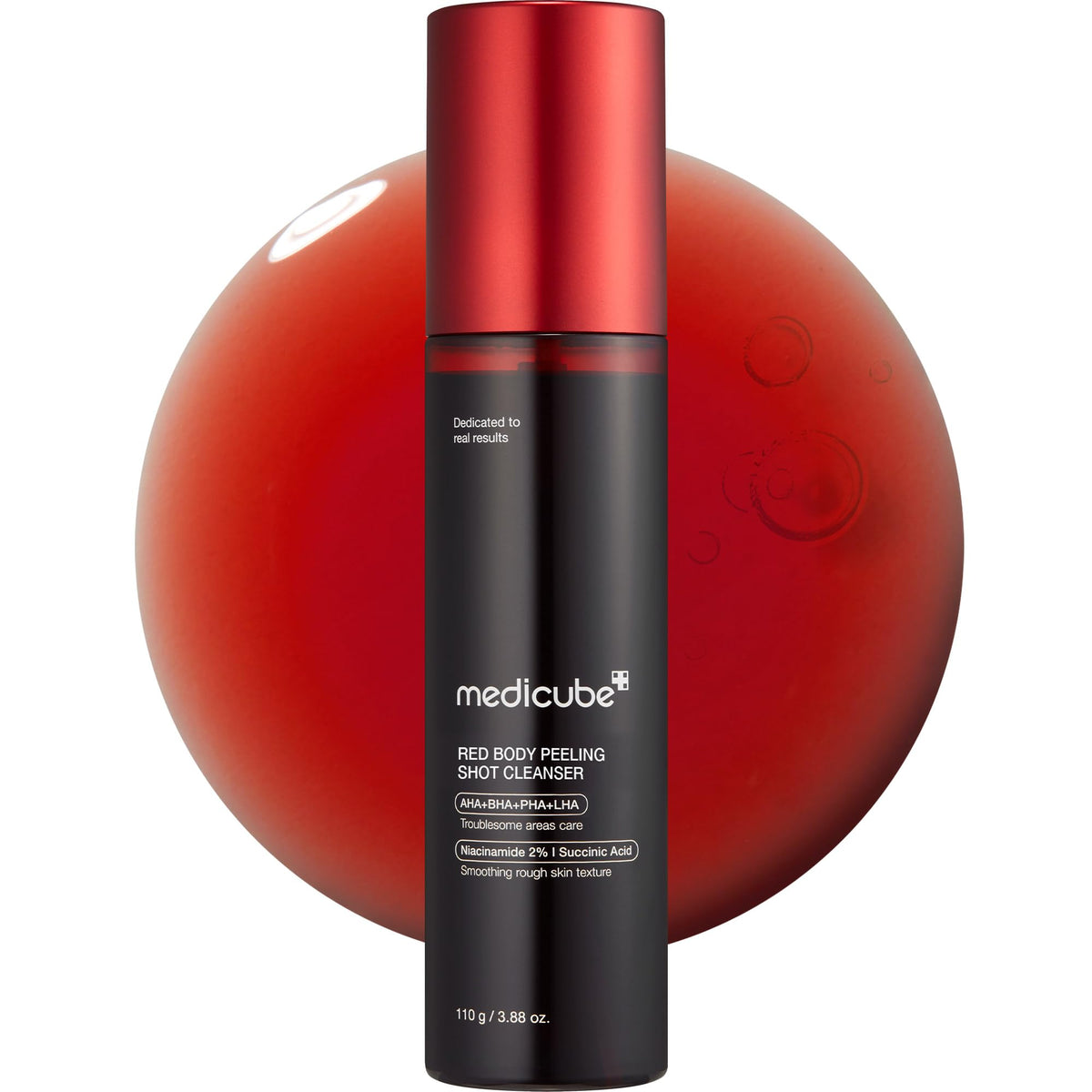 medicube Red Body Peeling Shot bottle front view showing easy exfoliation for smoother skin.