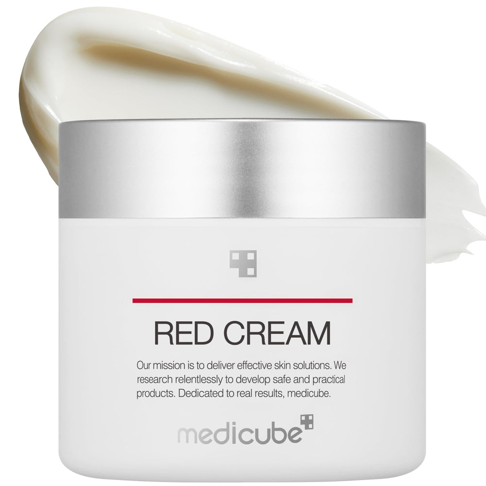 Medicube Red Cream 2.0 bottle close-up highlighting soothing, low-irritation formula for sensitive skin.