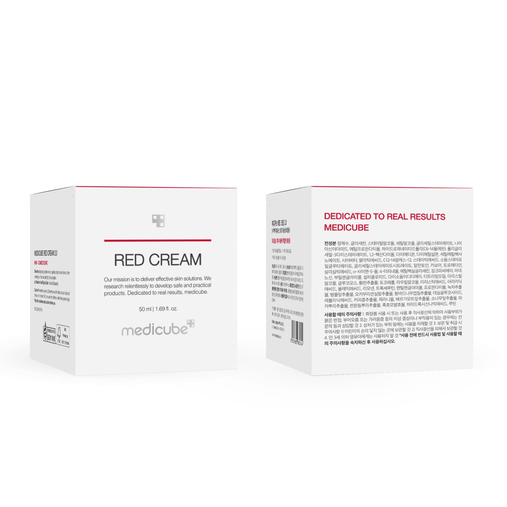 Medicube Red Cream 2.0 Korean skincare heritage tag signals trusted formulation for sensitive skin.