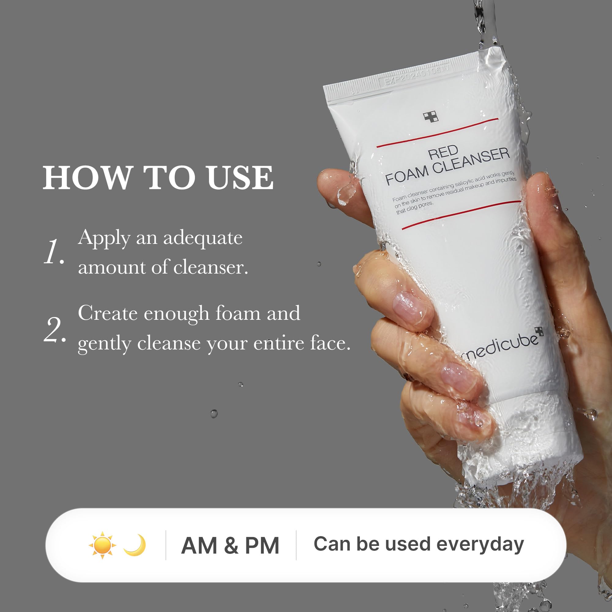 Medicube Red Foam Cleanser close-up texture highlights creamy, airy foam for gentle cleansing