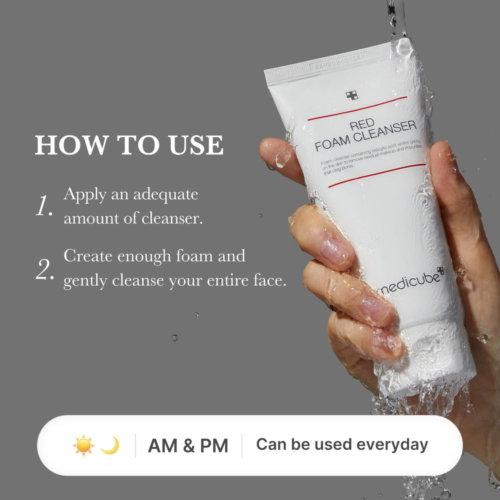 Medicube Red Foam Cleanser close-up texture highlights creamy, airy foam for gentle cleansing