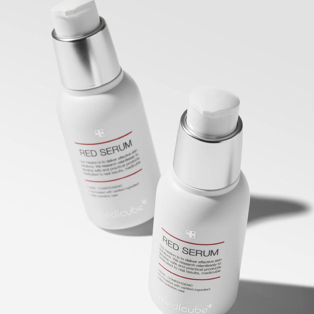 Medicube Red Serum 2.0 packaging on a clean vanity display
