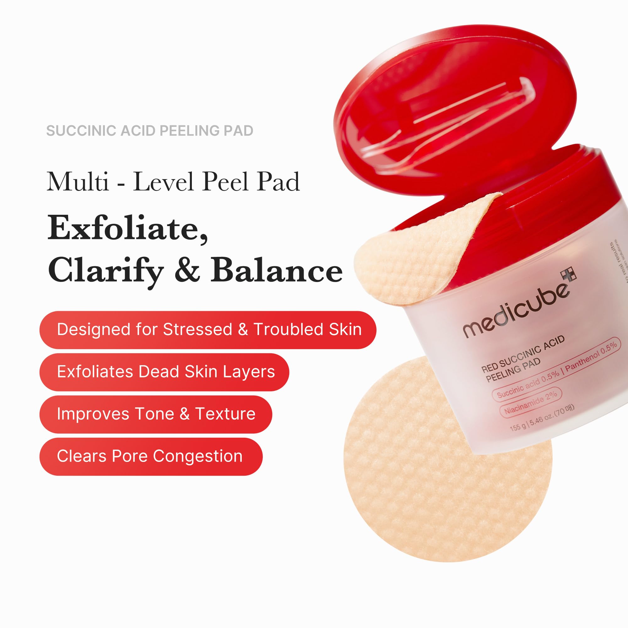 Medicube Red Succinic Panthenol Pad application demonstrates gentle exfoliation for blemish-prone skin.