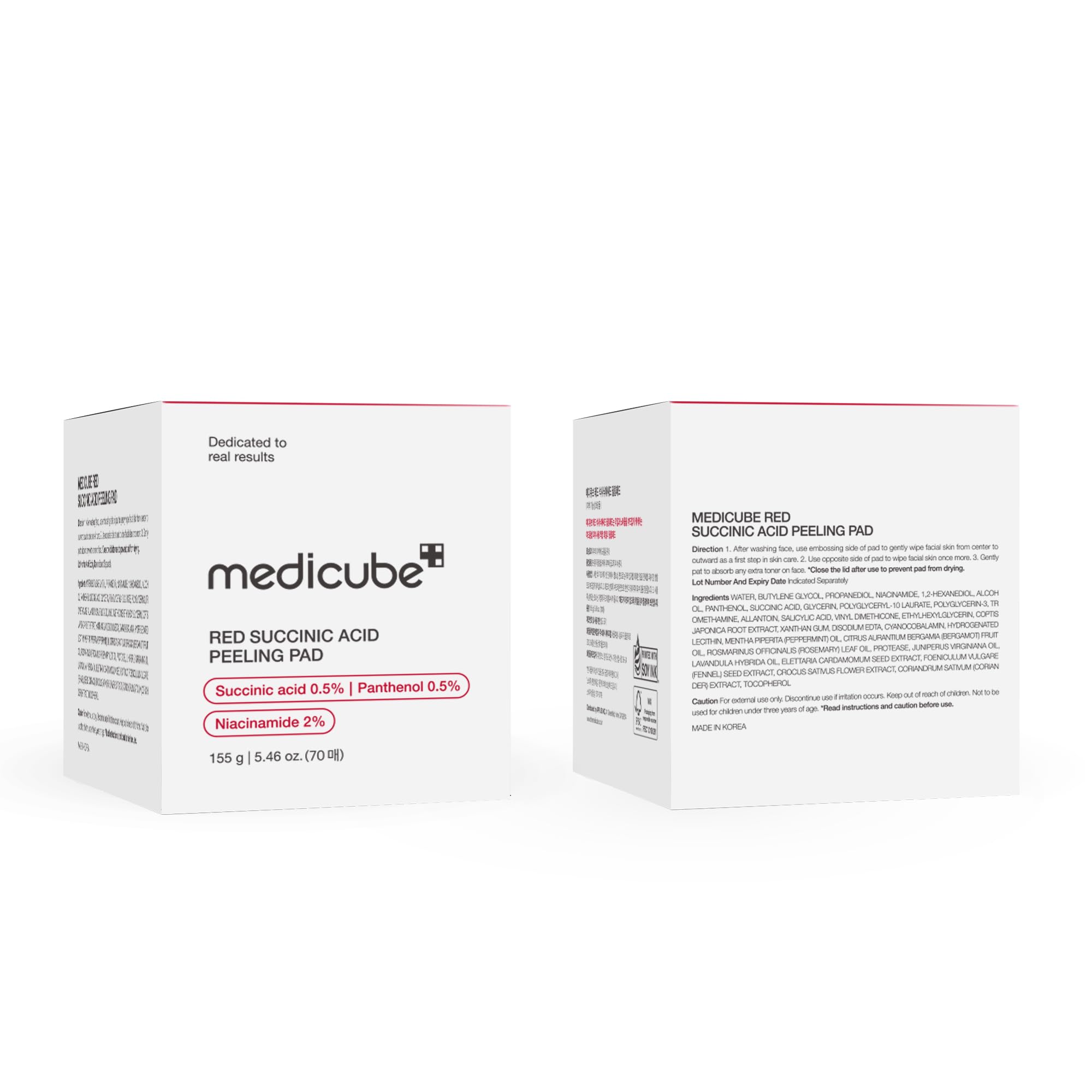Medicube Red Succinic Panthenol Pad with pads and bottle pairing communicates non-irritating skincare.