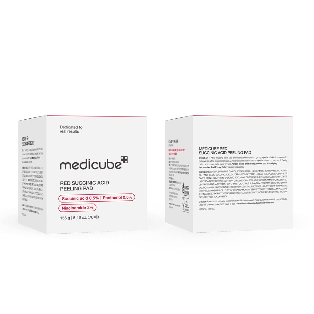 Medicube Red Succinic Panthenol Pad with pads and bottle pairing communicates non-irritating skincare.
