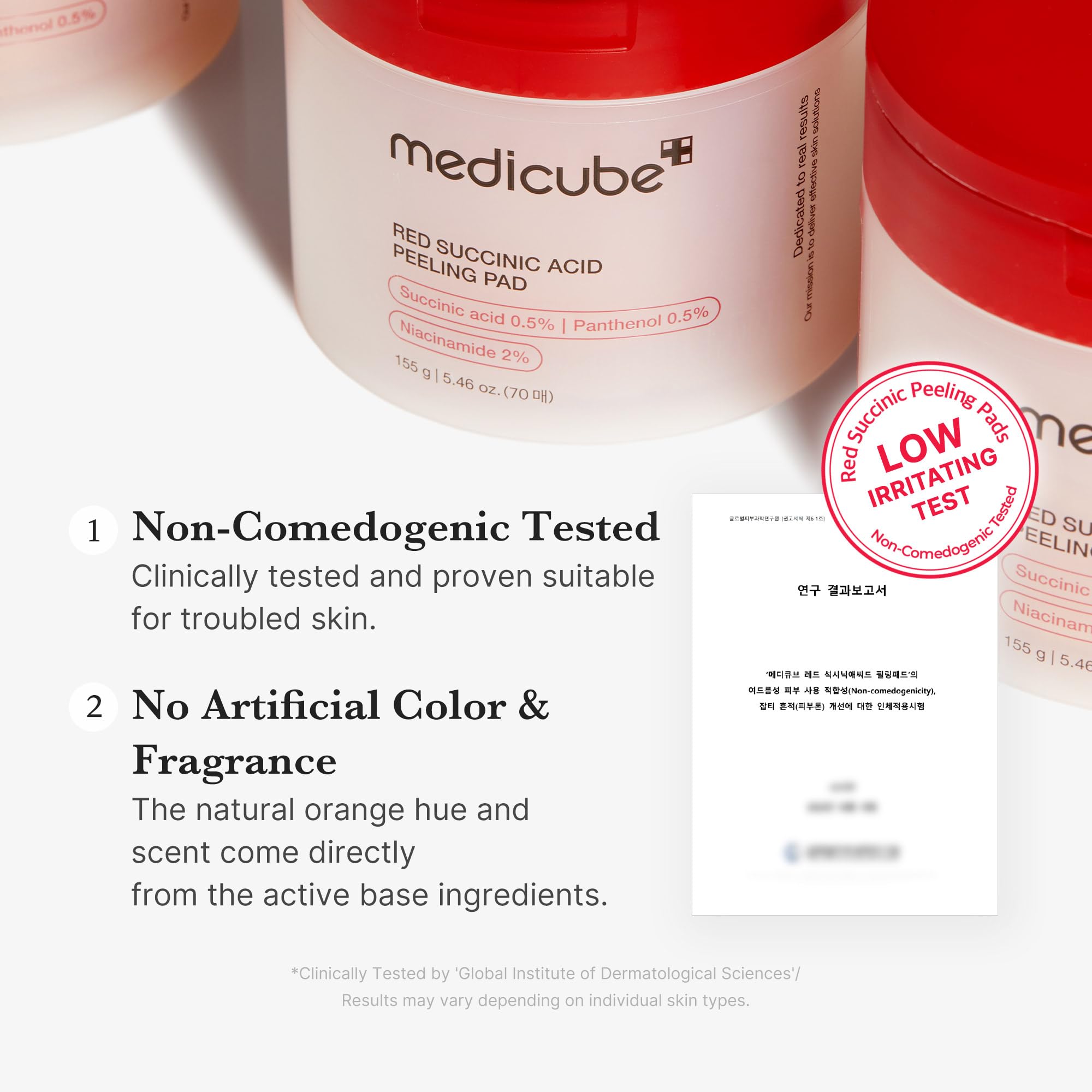 Medicube Red Succinic Panthenol Pad toner dispense shows pH-friendly formula.