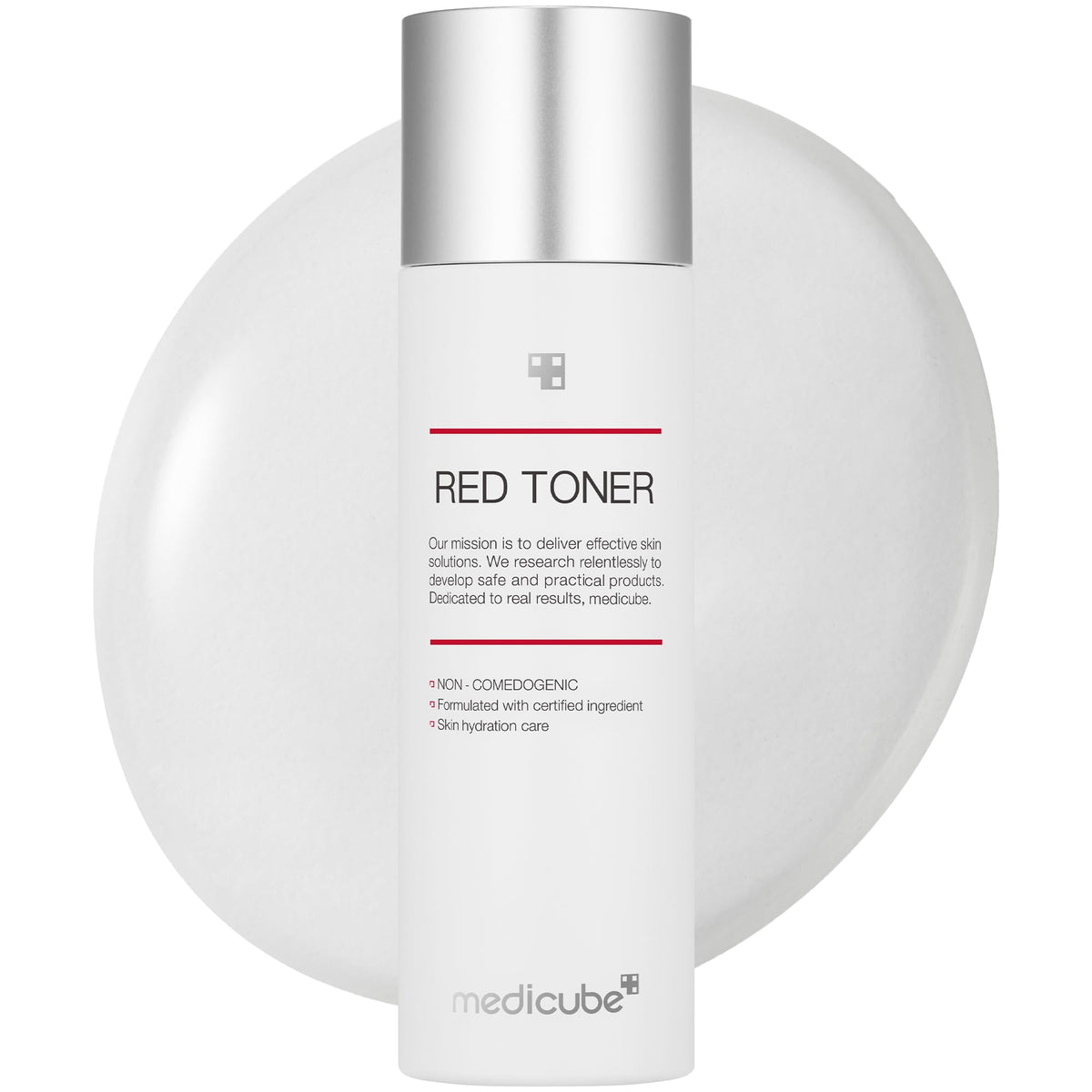 Medicube Red Toner 2.0 bottle front emphasizing calm, clear skin with gentle effectiveness
