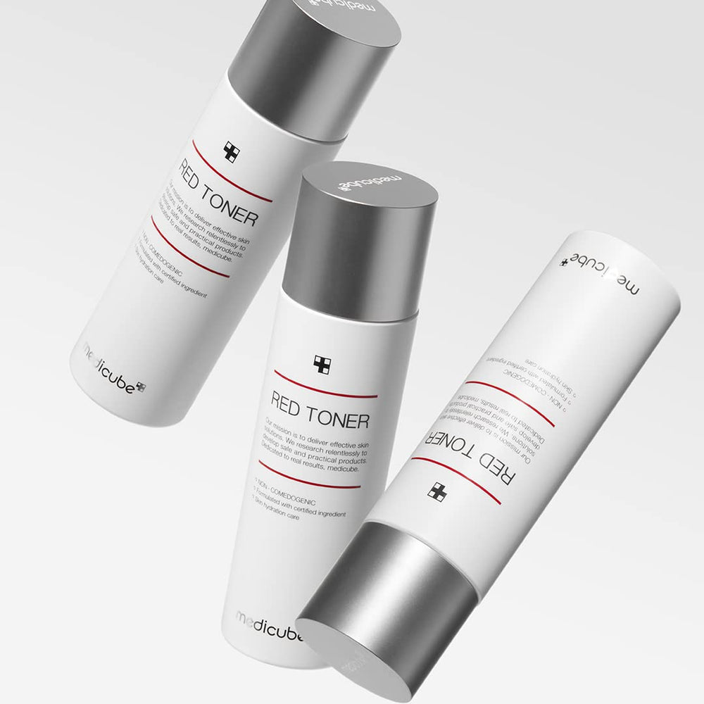 Medicube Red Toner 2.0 ingredients panel highlights BHA, Niacinamide, and Adenosine benefits
