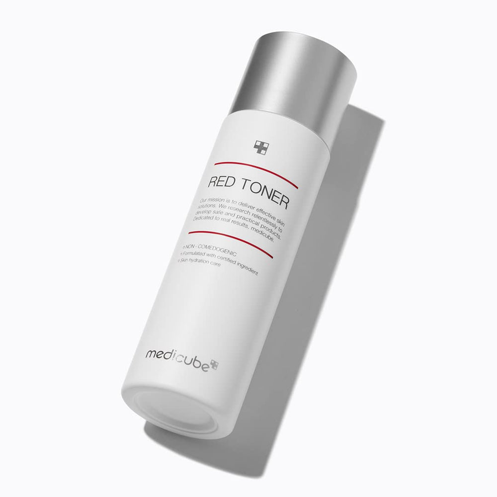 Medicube Red Toner 2.0 packaging closeup showcasing minimalist Korean skincare design
