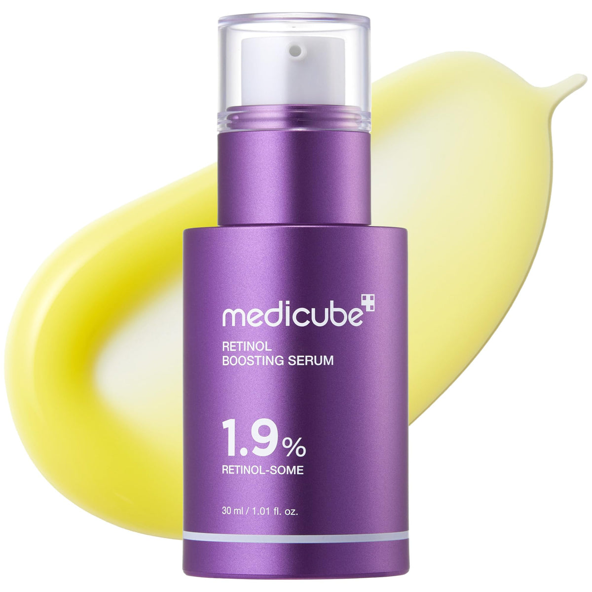 medicube front packaging showing bottle and box, clean presentation benefit