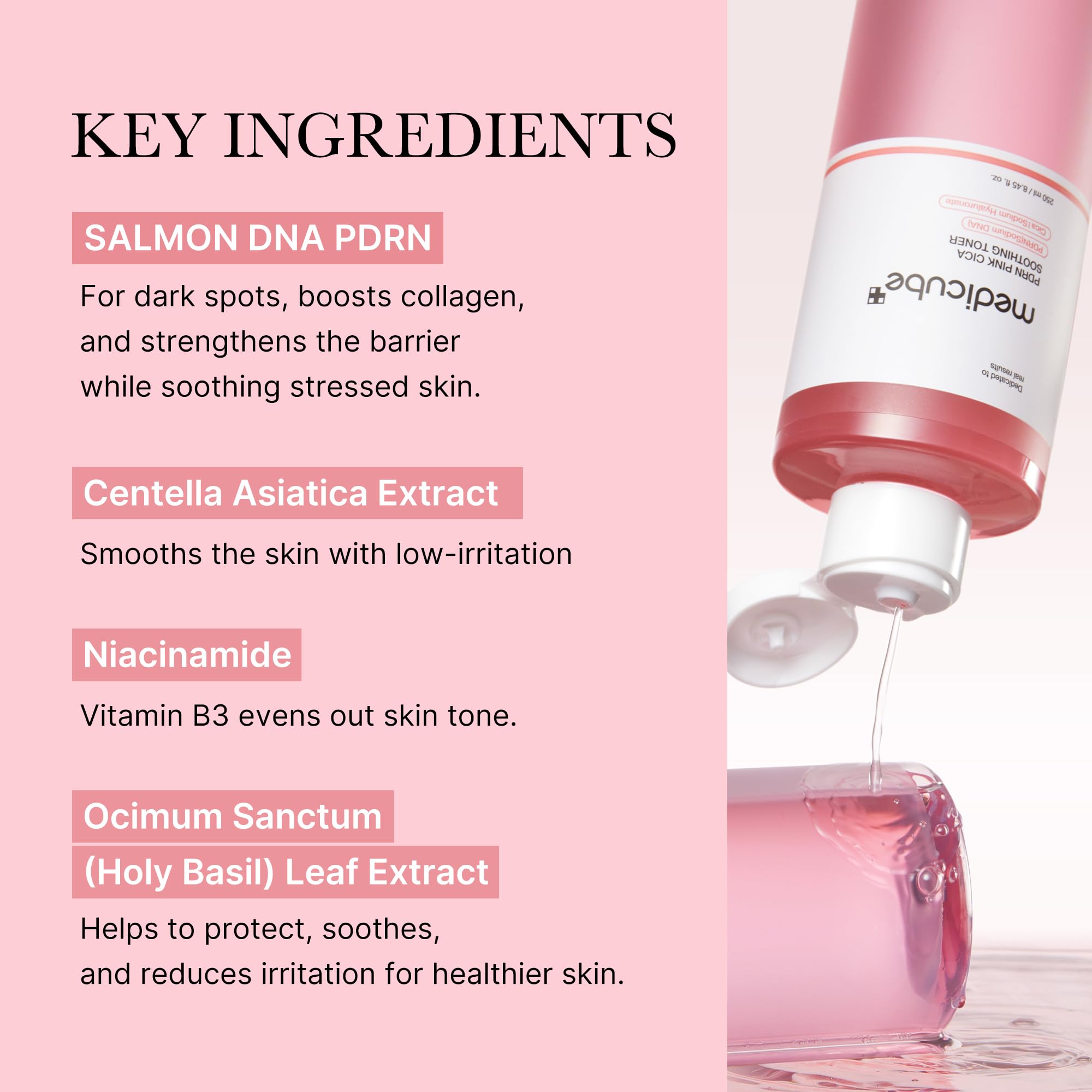 Medicube Salmon DNA PDRN Pink CICA Toner label close-up highlights Niacinamide for even tone