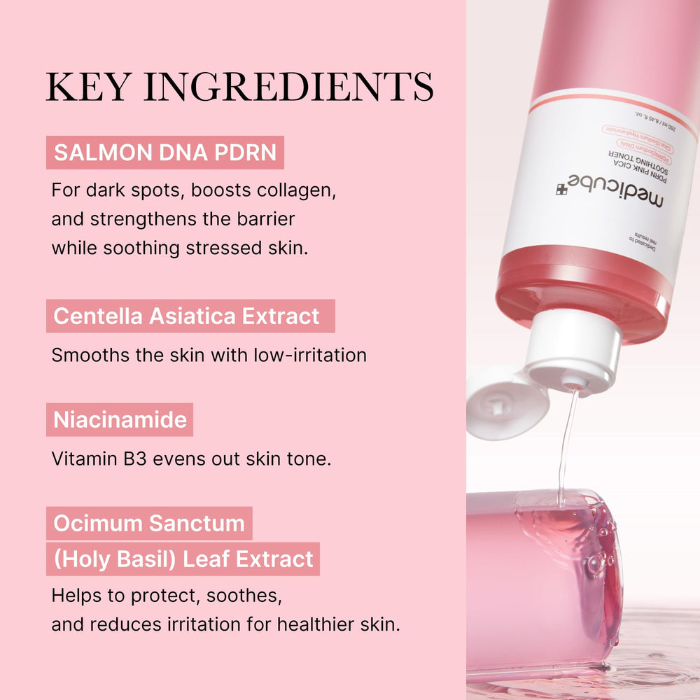 Medicube Salmon DNA PDRN Pink CICA Toner label close-up highlights Niacinamide for even tone