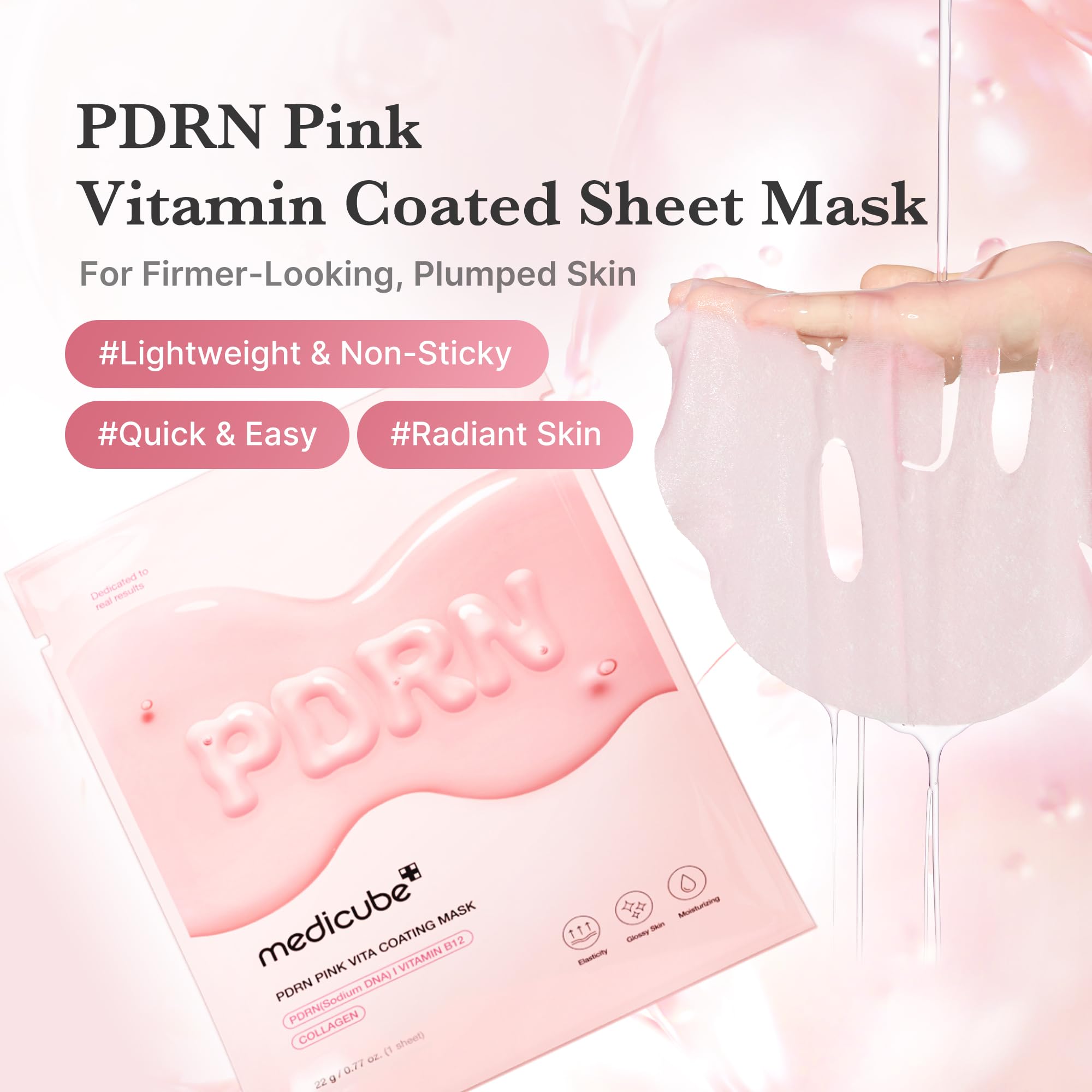 Medicube salmon dna pdrn pink coating sheet mask applied on the face for a radiant glow.
